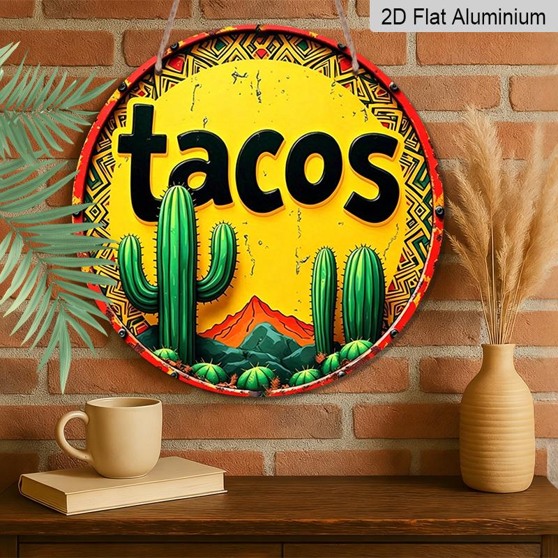 2D Flat, 1pc Round Tacos Cactus Aluminum Hanging Sign, Vintage Mexican Fiesta Desert Mountain Design, Retro Colorful Metal Wall Decor, Perfect for
