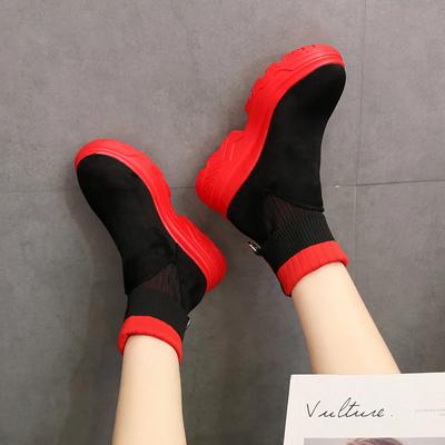 Модная женская обувь 2024 года, женские сапоги до середины икры, вязаные эластичные сапоги, женские туфли с круглым носком и средним каблуком на платформе для женщин