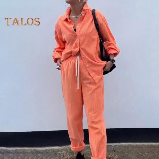 2 Pcs/Set Women Shirt Pants Set Turn-down Collar Single-breasted Long Sleeves Loose Top Drawstring Elastic Waist Wide Leg Trousers Sport Tracksuit