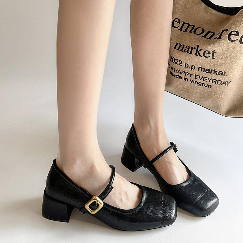 Дизайнерские Винтажные Женские Туфли Мэри Джейн на Толстом Каблуке Британский Стиль Квадратный Носок Кожаные Туфли Весна Осень Лаконичные Zapatos De Mujer
