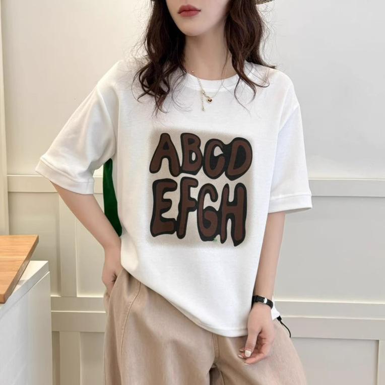 Dimanaf 2025 Летняя футболка женская с принтом букв, асимметричная, с коротким рукавом, свободная, белая, черная