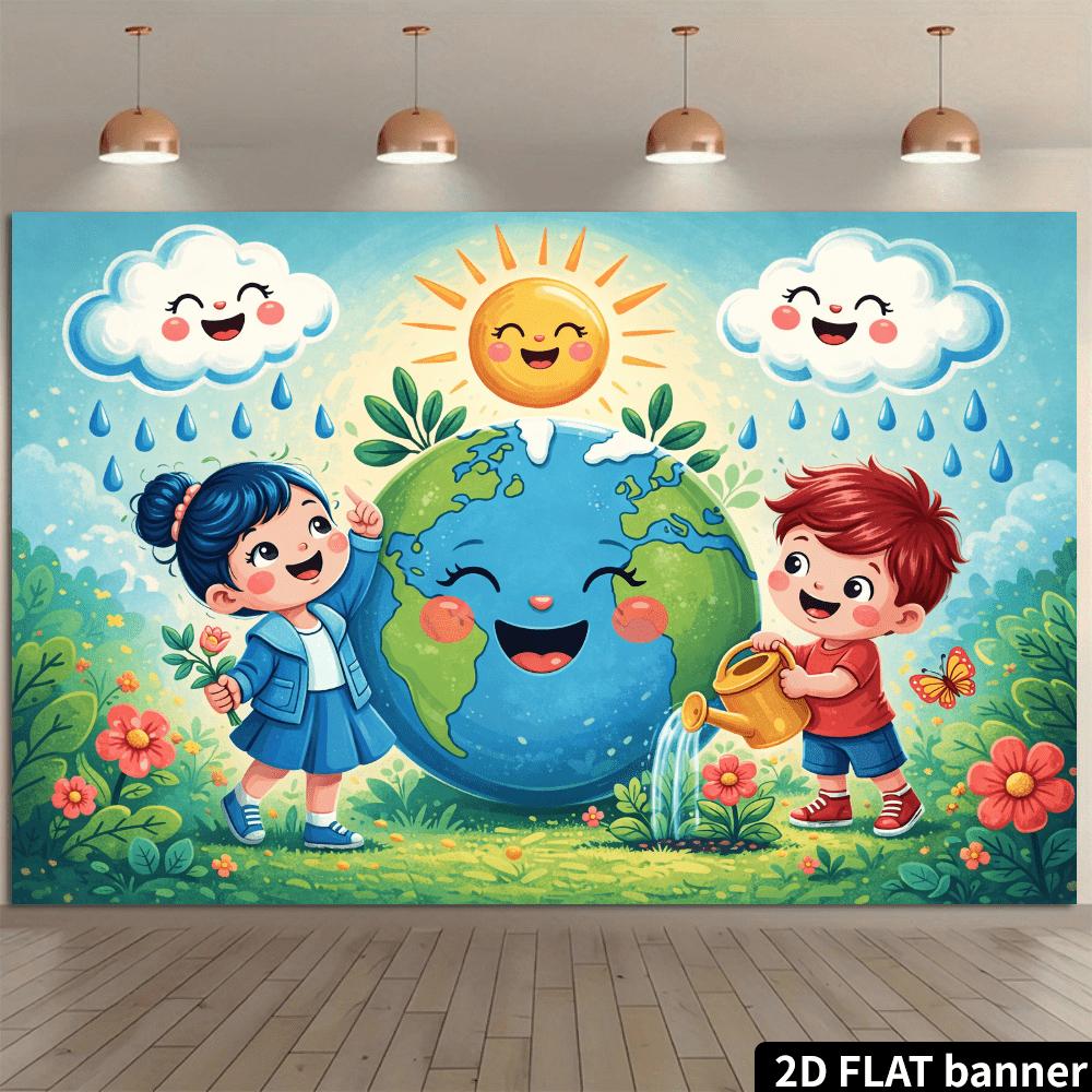 2D plane for watering the earth-themed background fabric, featuring cartoon smiling earth and watering can with flower elements