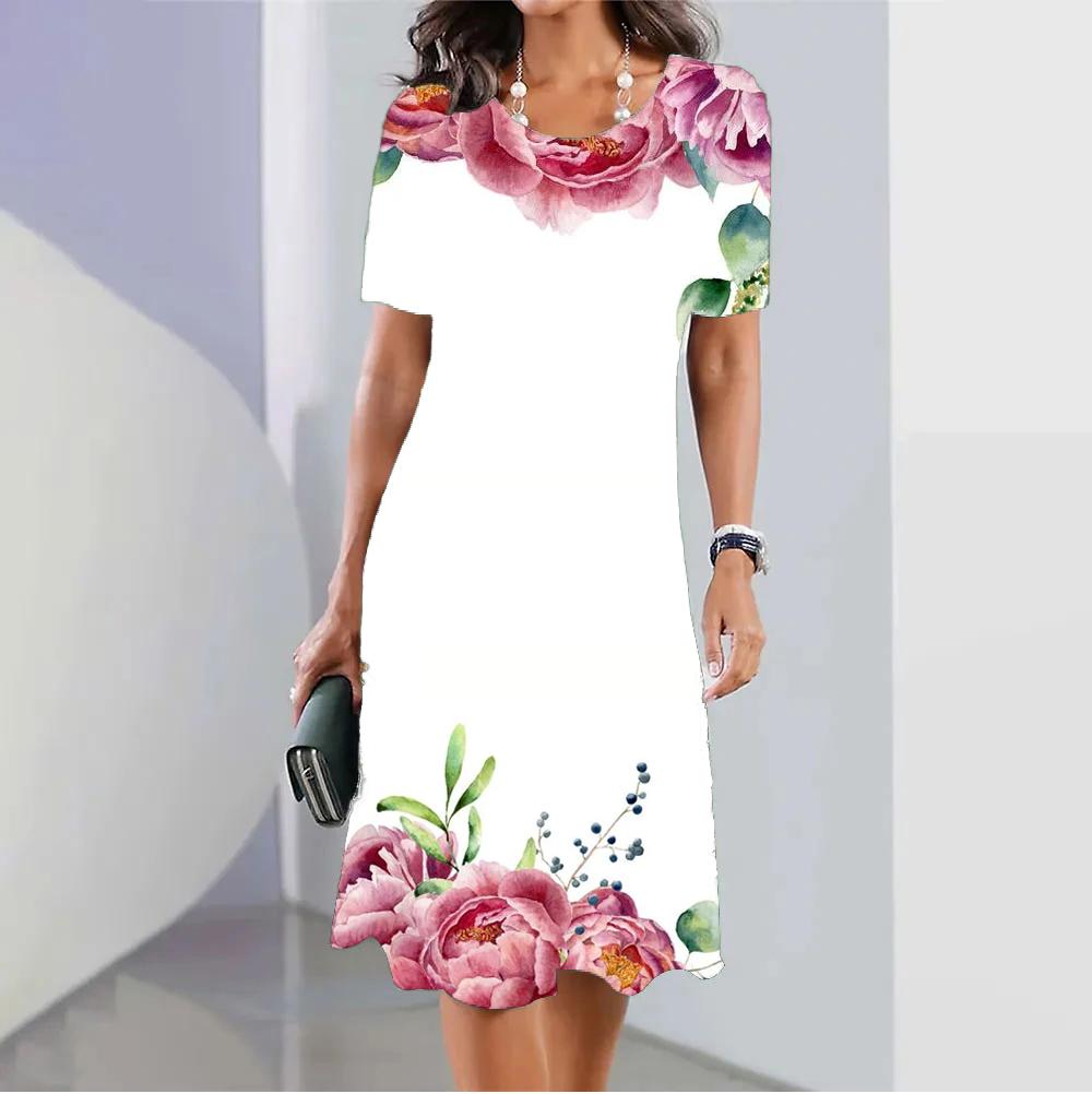 Летние платья с короткими рукавами, стильное женское платье, свободная юбка трапециевидной формы, женская одежда с цветным принтом, повседневный пуловер с круглым воротником