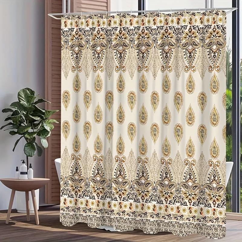 1pc Elegant Romantic Golden Graphic Print Shower Curtain, Featuring Middle Eastern Traditional Art for Bathroom Decor, Comes wit