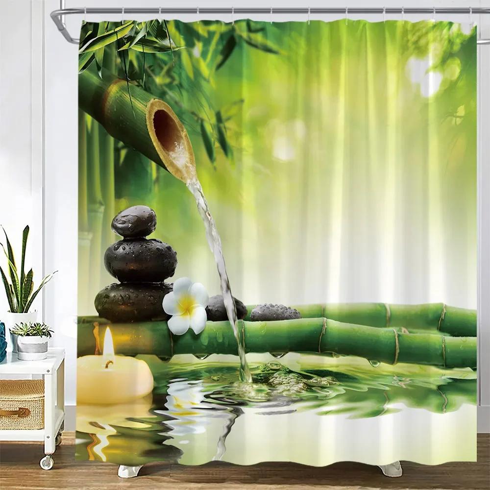Zen Green Bamboo Shower Curtain Pink Flower Plant Black Stone Spa Garden Scenery Wall Hanging Fabric Bathroom Decor Curtains S