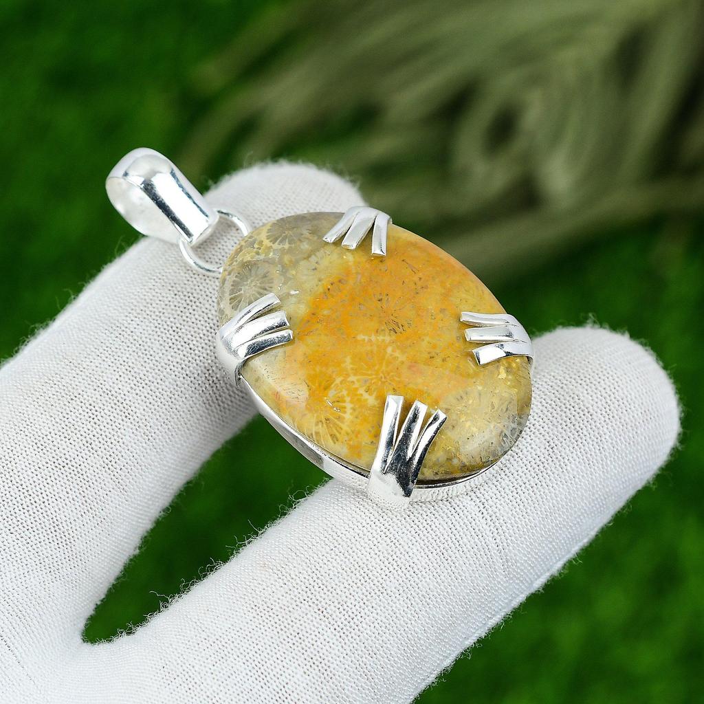 Свадебный подарок для нее Подвеска из стерлингового серебра 925 пробы с натуральным ископаемым кораллом