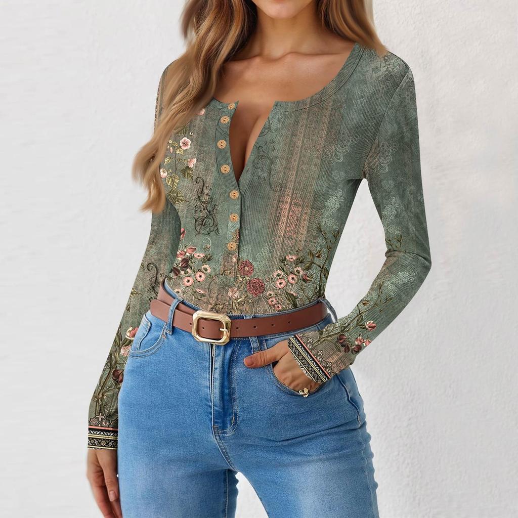 Women's Slim Bottom T-shirt Fashion Casual Gradient Printing Round Neck Pullover Long Sleeve Top