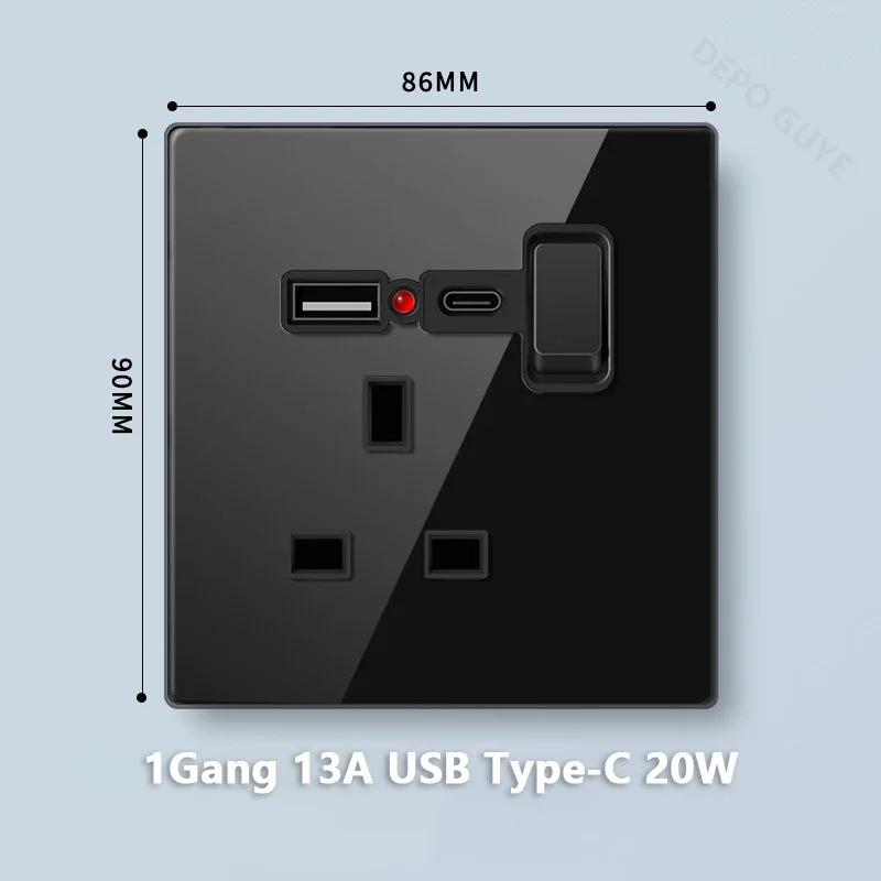 Стандарт Великобритании 20 Вт Type-C розетка для быстрой зарядки универсальный настенный выключатель света на 2 направления, черное закаленное стекло двойная 3-контактная USB розетка