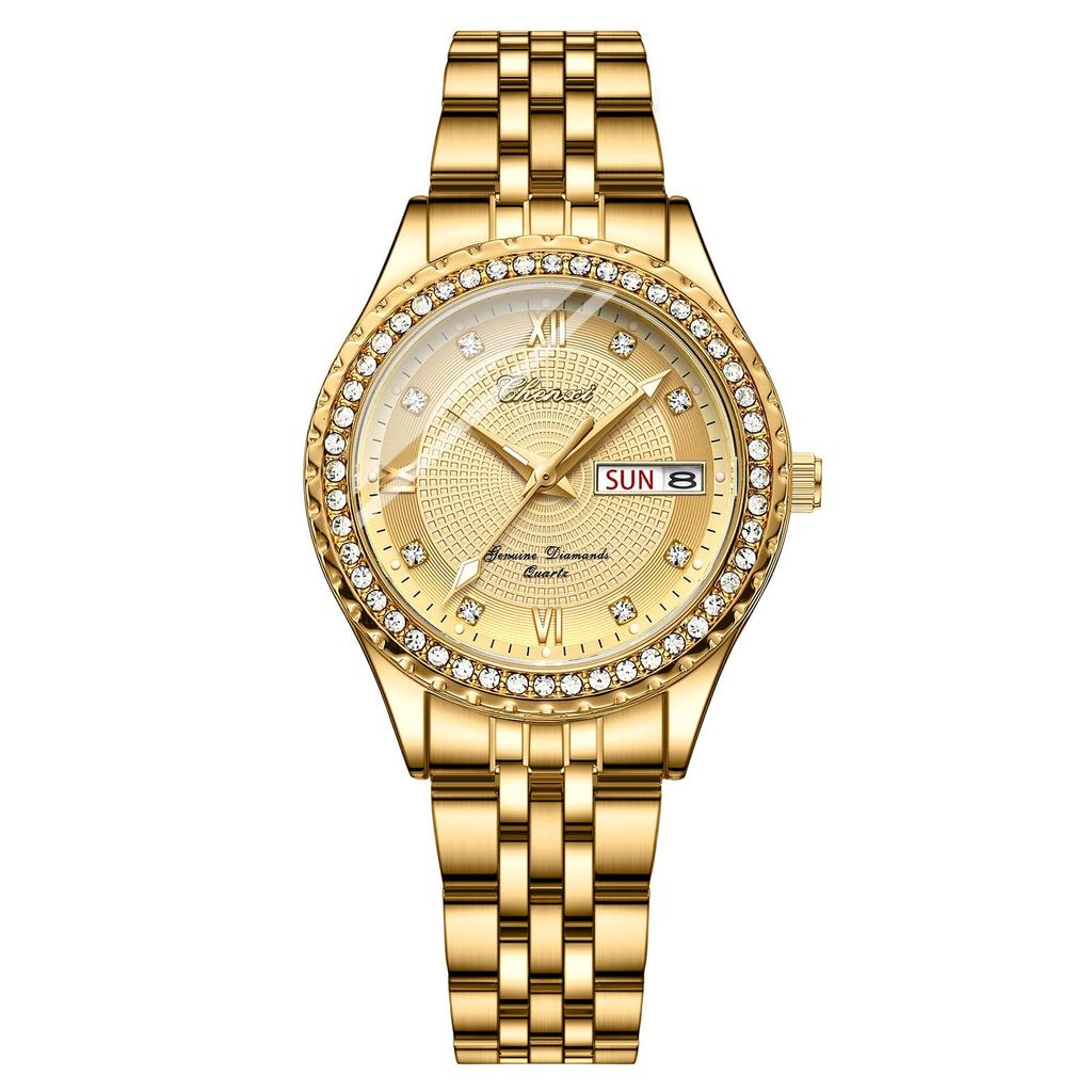 Stylish Women's Stainless Steel Gold Watch: Luminous Analog Display, Calendar, Day Display, 3ATM Water Resistance, Quartz Movement, Couple's Watch,