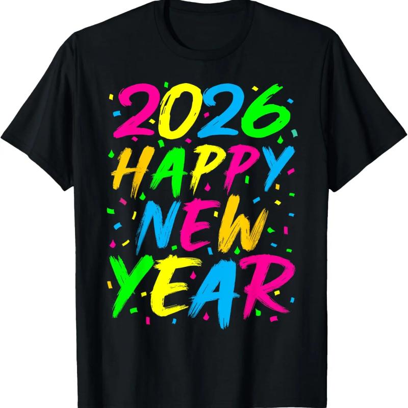 С Новым Годом 2026 Печатная Футболка Мужская Женская для Вечеринки в Канун Нового Года Короткий Рукав Круглый Вырез Удобная Повседневная Одежда