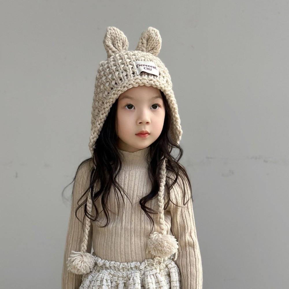 Solid Color Hand Knitted Cap Rabbit Ear Ear Protection Cap Korean Baby Crochet Hat Kids