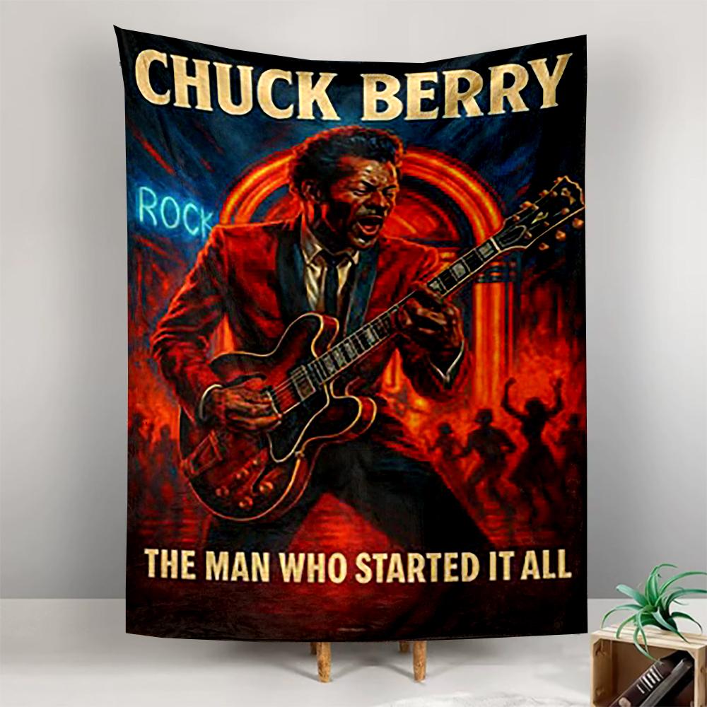 Tapestry Chuck Berry Rock Roll Pioneer Red Suit Guitar Neon Stage Poster Wall Hanging