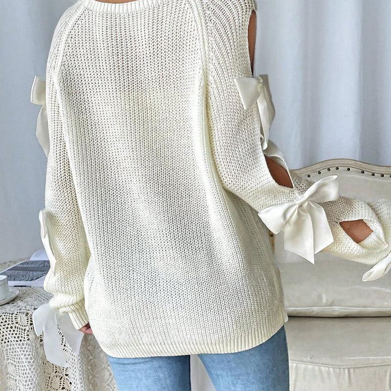 Autumn Winter Women Pullovers And Sweaters Oneck Bowknot Long Sleeve Knitted Sweater Tops