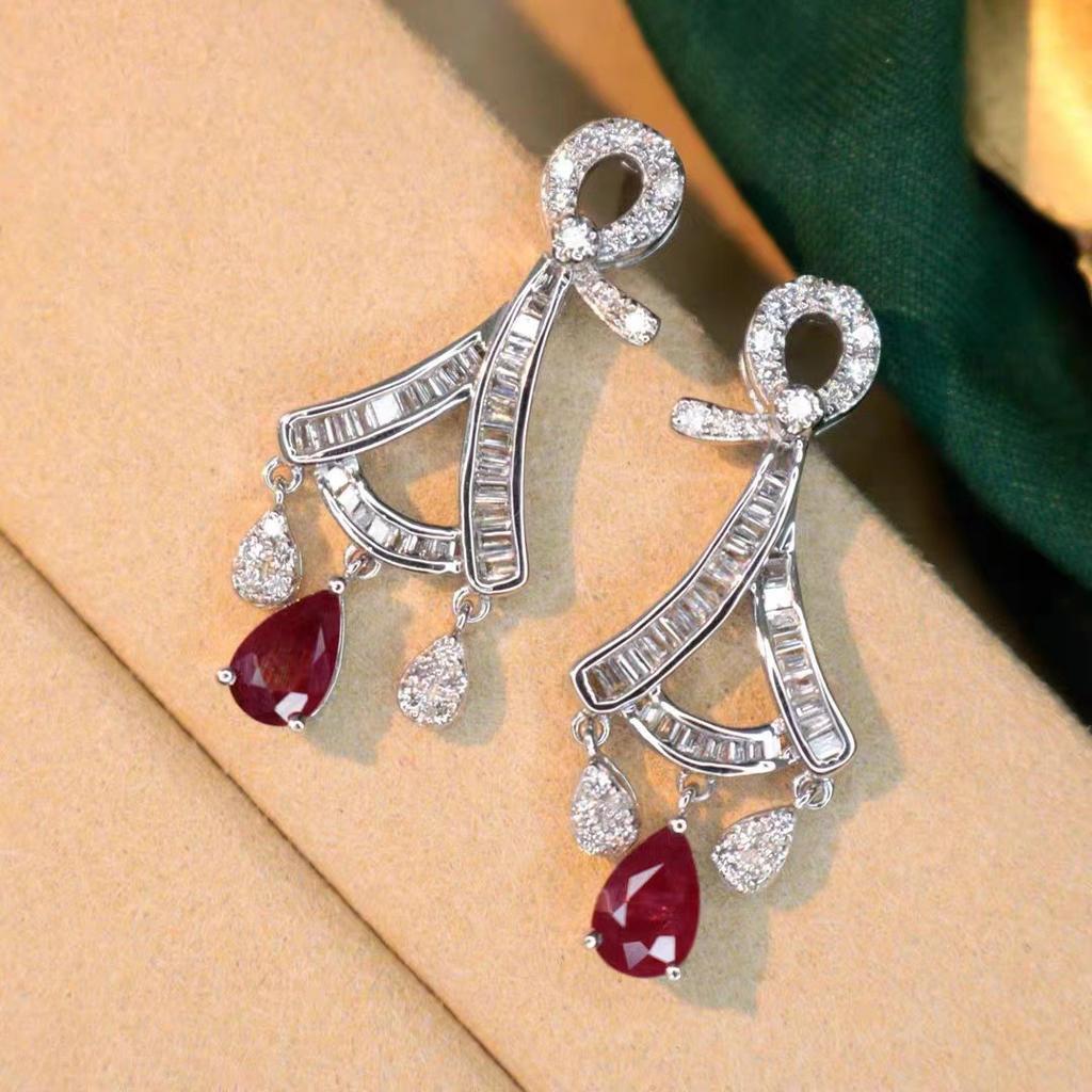 Sparkling High Grade Water Drop Ruby Earrings For Women Fashion Charms Diamond Inlaid Fan Earring Banquet Jewelry