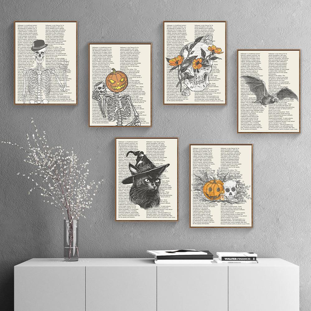 Хэллоуин Тыквенная Голова Ведьма Скелет Летучая мышь Английская Газета Холст Картина Скандинавская Гостиная Домашнее Украшение Картина