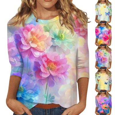 Женская модная повседневная свободная футболка с круглым вырезом и рукавами 3/4 с принтом, женский топ