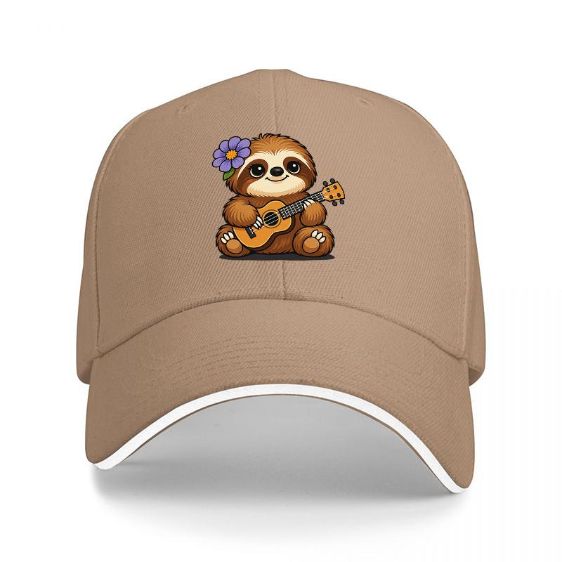Sloth Playing Ukulele Baseball Cap with Floral Design Black Adjustable Hat for Music Lovers and Nature Enthusiasts