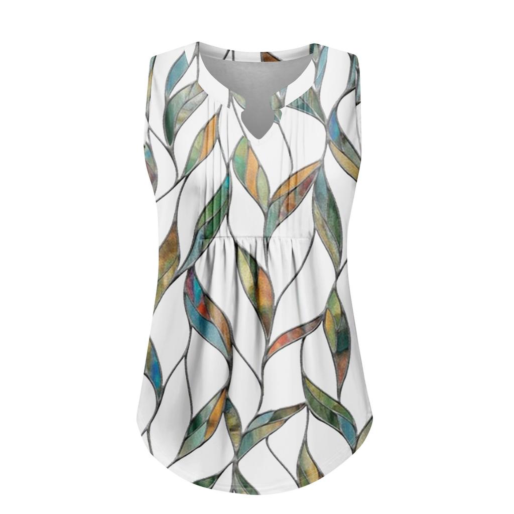 Womens Summer Tank Tops  Pleated V Neck Printing Casual  Top Tank Tops For Women Loose Fit Sleeveless Tunic Shirts