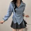 Новая Полосатая Приталенная Рубашка с Неровным Подолом Модная Элегантная С Lapel Повседневная Офисная Блузка Милая Корейская Мода Топы с Длинным Рукавом Женская Простая Одежда