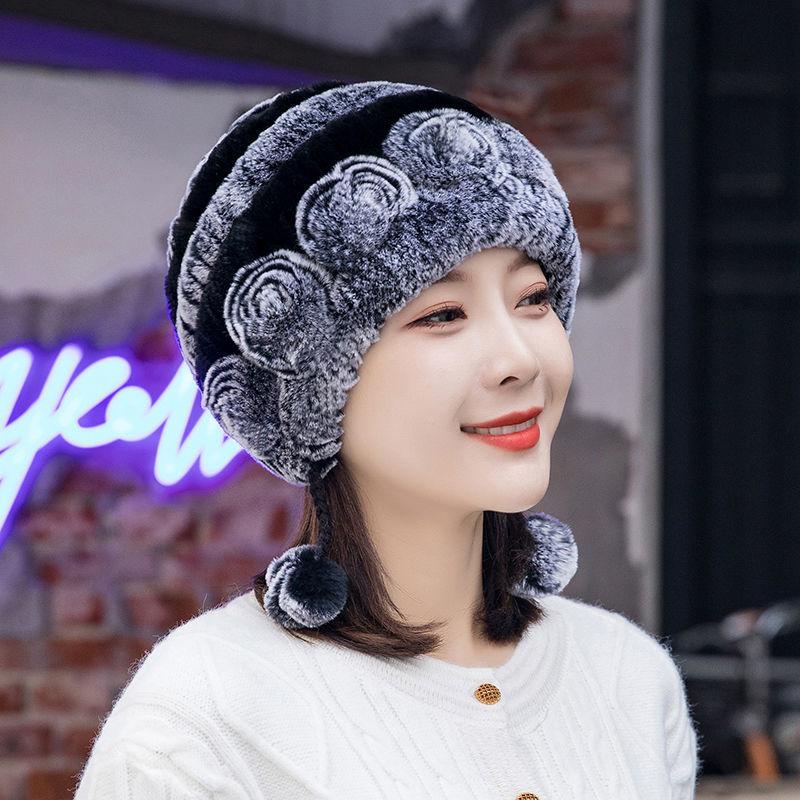 Rex Rabbit Fur Hat Autumn and Winter Fur Hat Tassel Woolen Hat Thick Warm Ear Protection Fur Hat