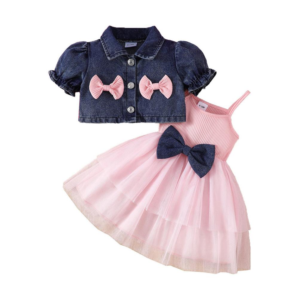 Милый костюм для девочки Летний костюм для девочки 6 месяцев-3 лет Джинсовая короткая куртка + сетчатая юбка-пачка на шее