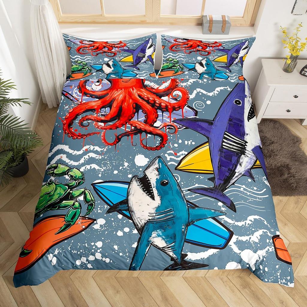Octopus Duvet Cover Set Blue Octopus Undersea Animals Comforter Cover Kids Teens Boys Room Decor Polyester Bedding Duvet Covers