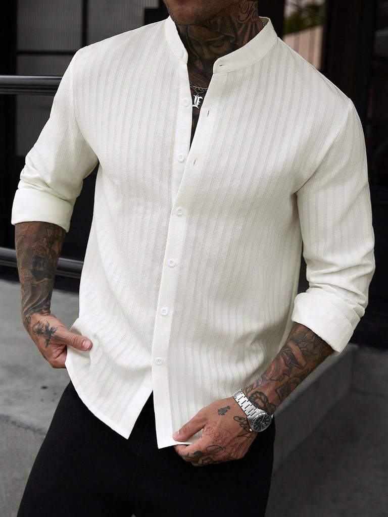 Men's Stand Collar Striped Long Sleeve Shirt, Stylish Casual Top