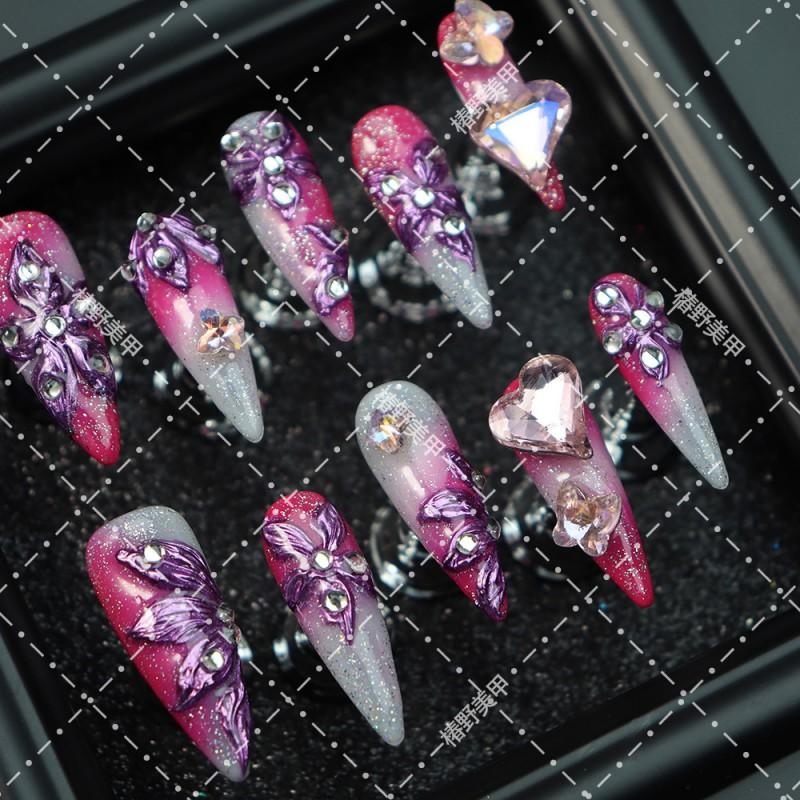 Press-On Nails With Pink Gradient Sparkle Hearts Butterflies Floral Design Acrylic False Women Long Style