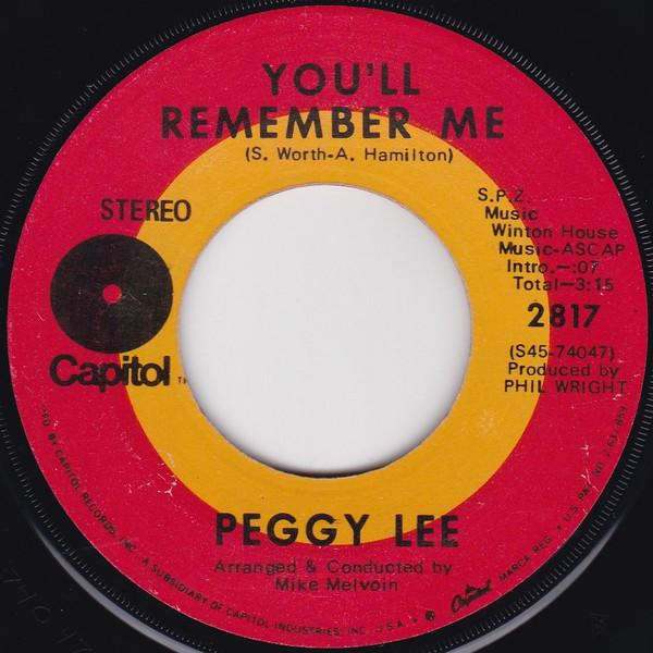 7-дюймовая пластинка PEGGY LEE - You'll Remember Me / Have You Seen 2817 Capitol Records 1970 США Поп Б/у