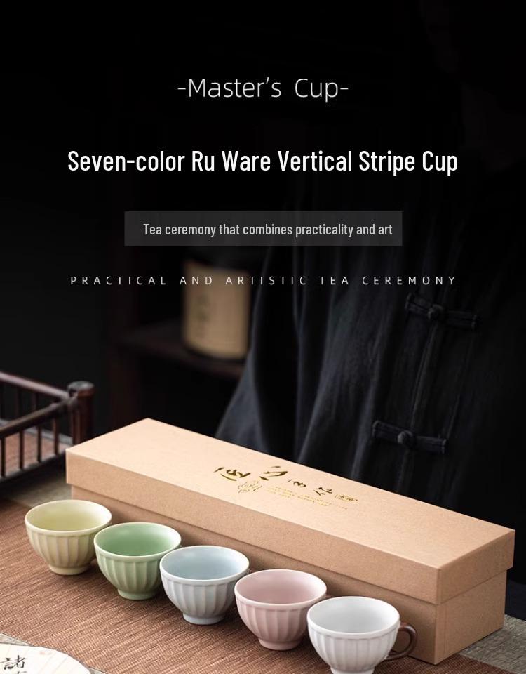 Ru Kiln Sky Five Colors Glazed Crackle Tea Cup with Handle - Master Tasting Cup in Gift Box.