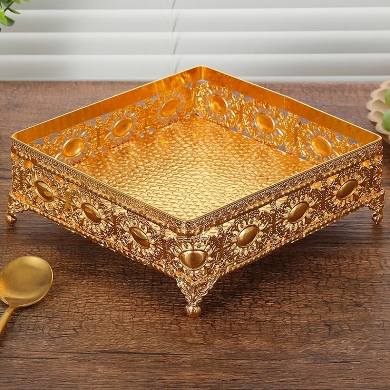 European Style Fruit Plate,Golden Alloy Square Shape Hollowed-out Candy Tray,20 cm Food Snack Disc,Wedding Housewear Decoration