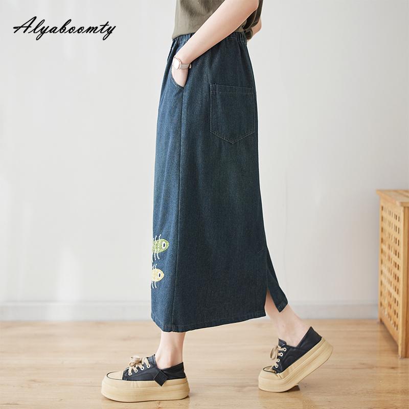 Mori Girl весна-лето женская миди синяя джинсовая юбка с высокой талией вышитая сова рыба пэчворк юбка элегантные женственные женские юбки женские