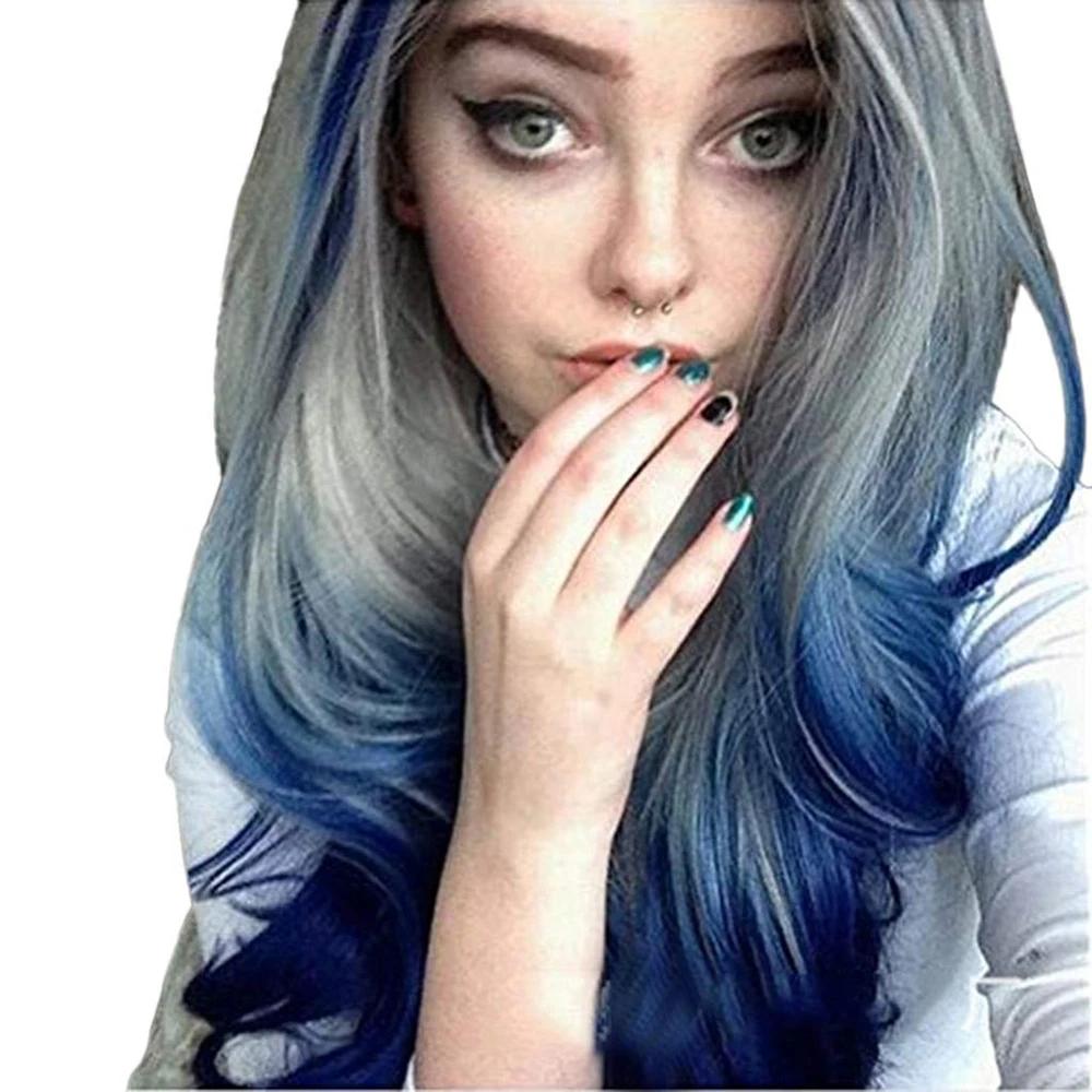 Synthetic Hair Long Blue Ombre Gray Wig Wavy Women's Costume Wigs Lolita Cosplay Wig Pelucas Rainbow Wig