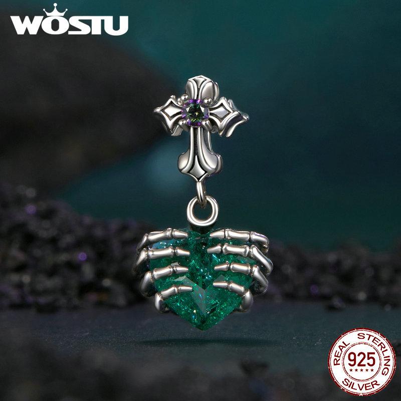 WOSTU 925 Sterling Silver Green Crystal Heart of Skull Pendant Spider Charm Skull Cross Bead Fit DIY Bracelet Neckalce Halloween