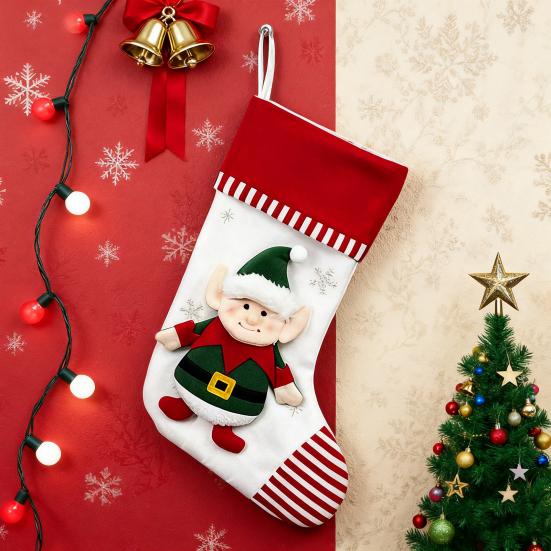 3D Christmas Stocking Santa Snowman Reindeer Cat Dog Pattern Traditional Holiday Hanging Stocking Fireplace Decor