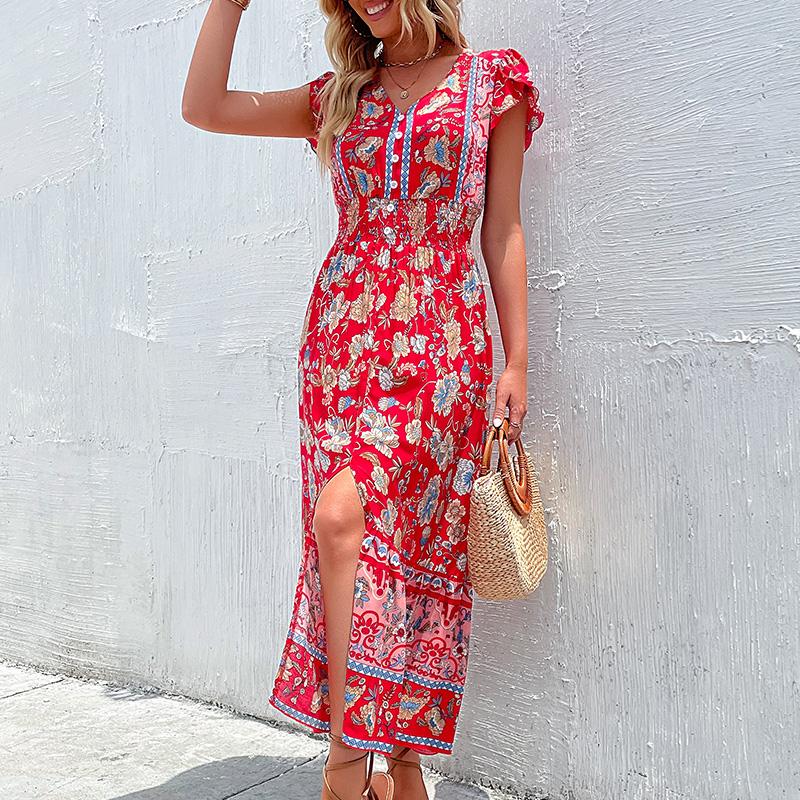 YYFS Women's Vintage Bohemia Fashion Summer Floral Print Short Sleeve V-Neck Casual Dresses