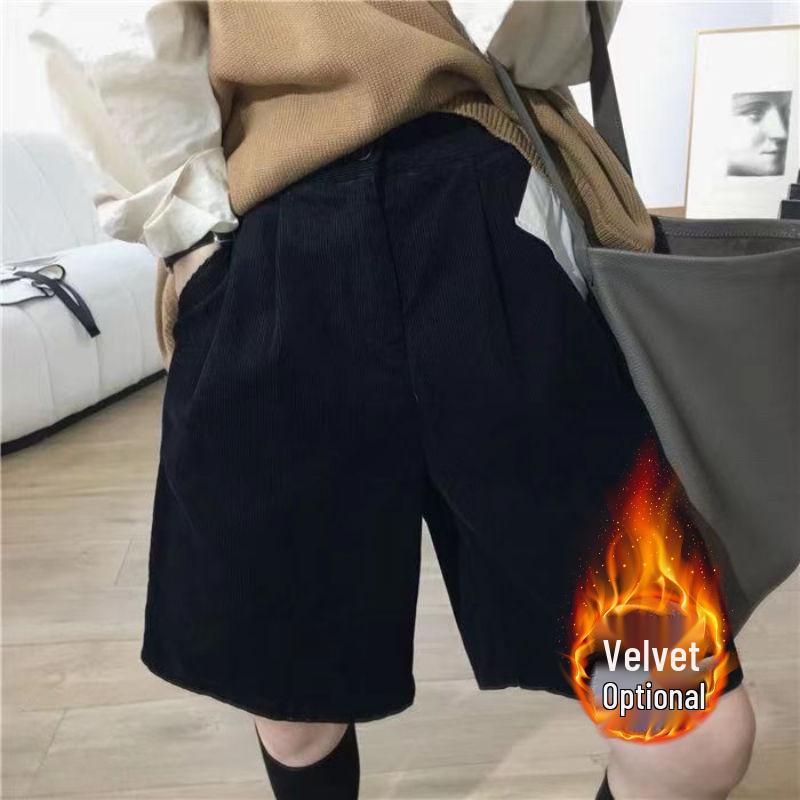 Вельветовые шорты А-силуэта в ретро-стиле с высокой талией - Женские осенние и зимние повседневные шорты с широкими штанинами, расклешенные от колена.
