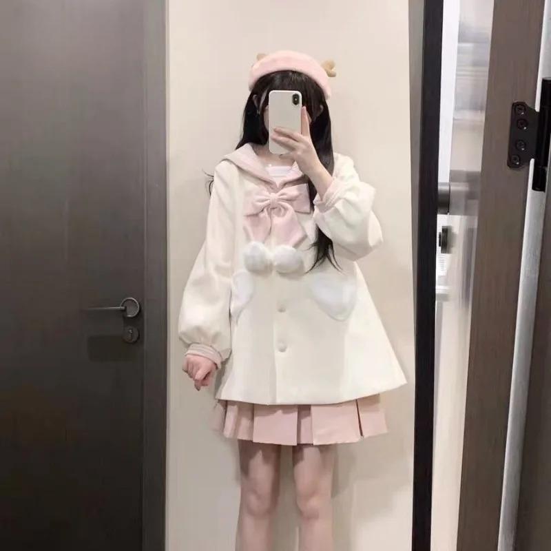 Женские пальто Контрастный матросский воротник бант однобортный сердечко карман сладкий возраст уменьшение универсальное шерстяное пальто женская одежда