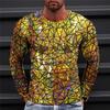 Spring and Autumn Round Neck 3D Colorful Geometric Pattern Printed Top Fashionable Casual Optical Illusion Long Sleeved Men's T-shirts