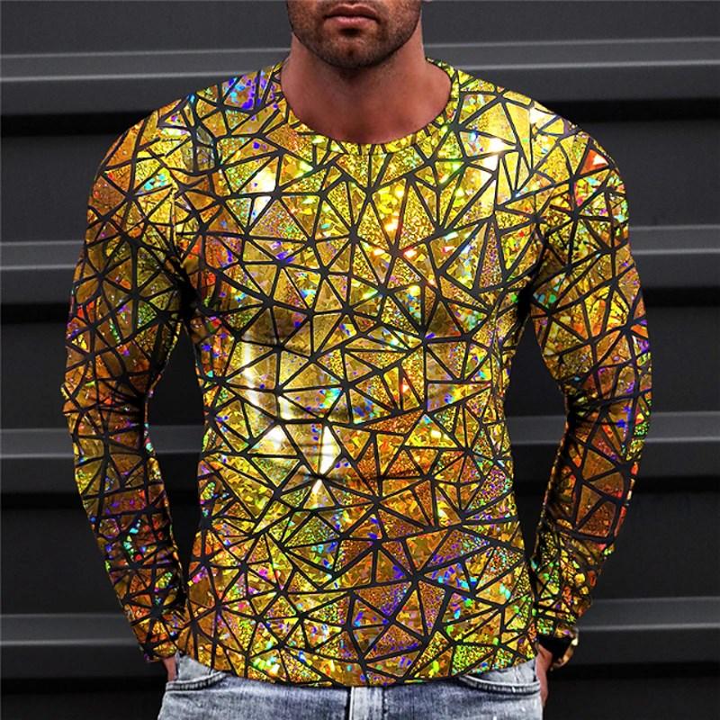 Spring and Autumn Round Neck 3D Colorful Geometric Pattern Printed Top Fashionable Casual Optical Illusion Long Sleeved Men's T-shirts