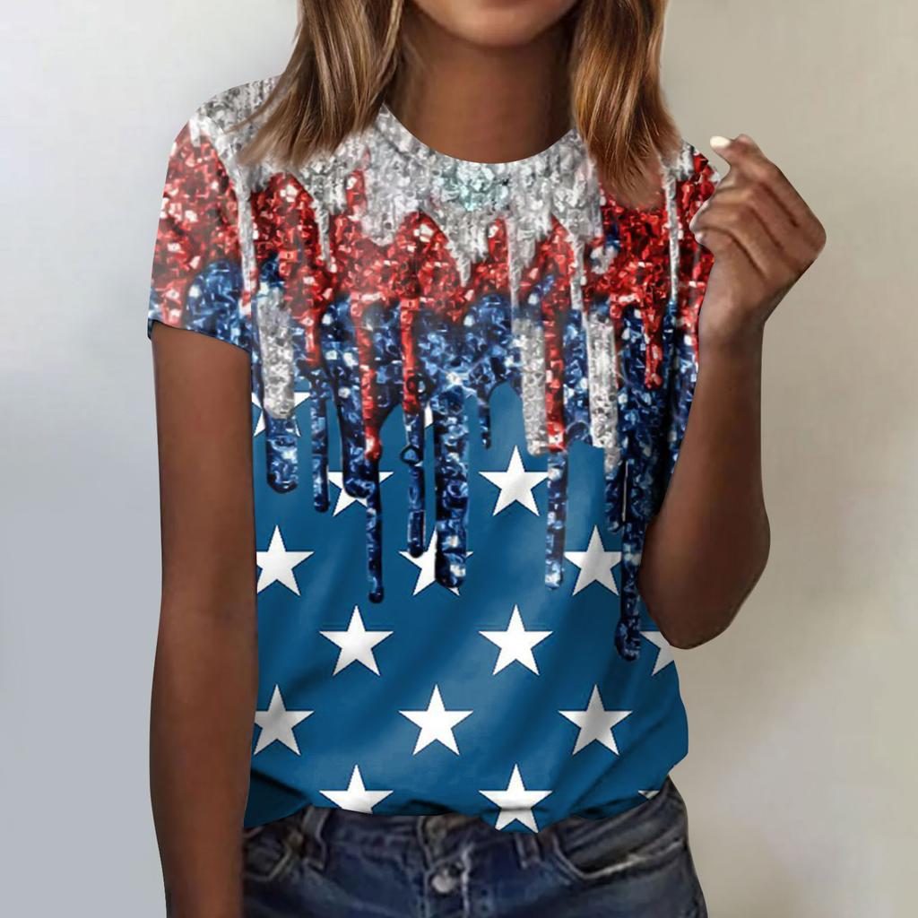 Women's Fashion Casual Independence Day Printed Round Neck Short Sleeve T-Shirt Top