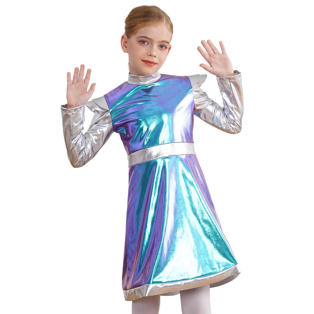 Костюм Космическая Милашка для Девочки: Мерцающее Пэчворк-платье с инопланетным дизайном из ПУ для Хэллоуина и Sci-Fi Ролевых Вечеринок