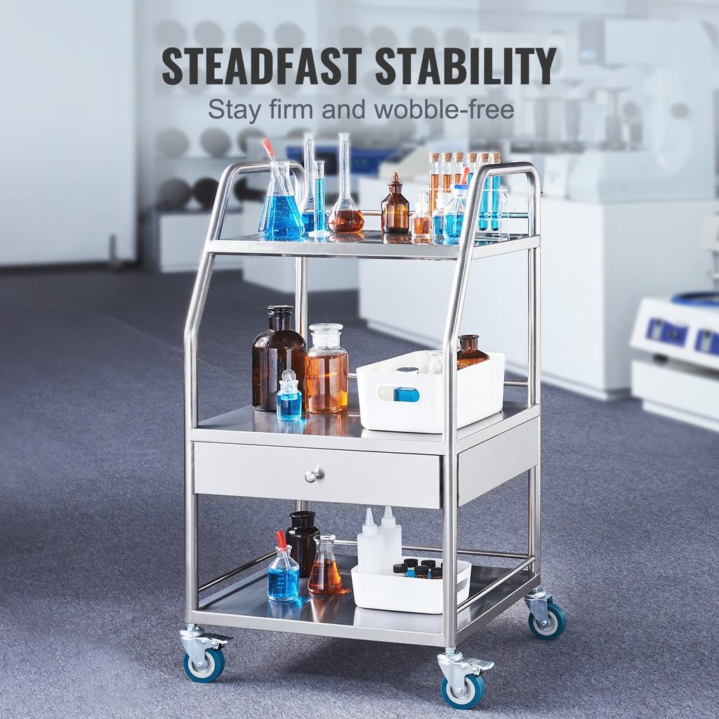 VEVOR Lab Serving Cart, 3 Layers Stainless Steel Utility Rolling Cart, Medical Cart with A Drawer, Dental Utility Cart with Lockable Wheels
