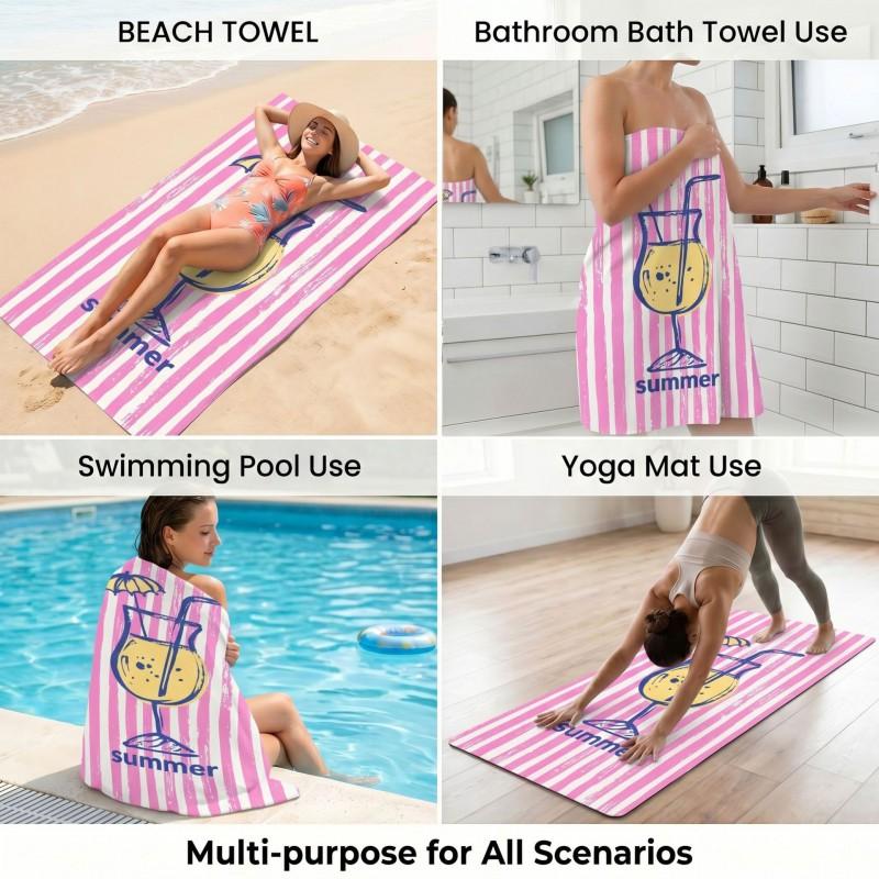 Dual-Sided Microfiber Beach Towel With Cocktail Print Quick-Dry Foldable Pool Spa Travel Outdoor Use Lightweight Absorbent Bath