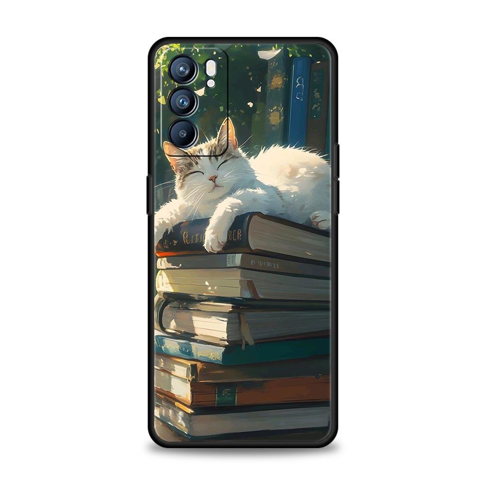 Phone Case For Oppo A17 A31 A54 A57 A78 A79 Find X5 X6 Reno 7 8 10 11 12 13 F Pro Soft TPU Cute Butterfly Cat Bookshelf Design