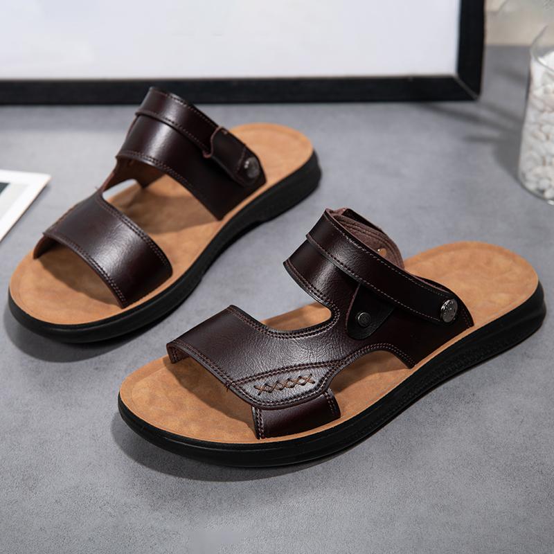 Летние мужские сандалии шлепанцы повседневная мода уличные мужские кожаные сандалии шитье противоскользящие шлепанцы мягкие дышащие повседневные туфли