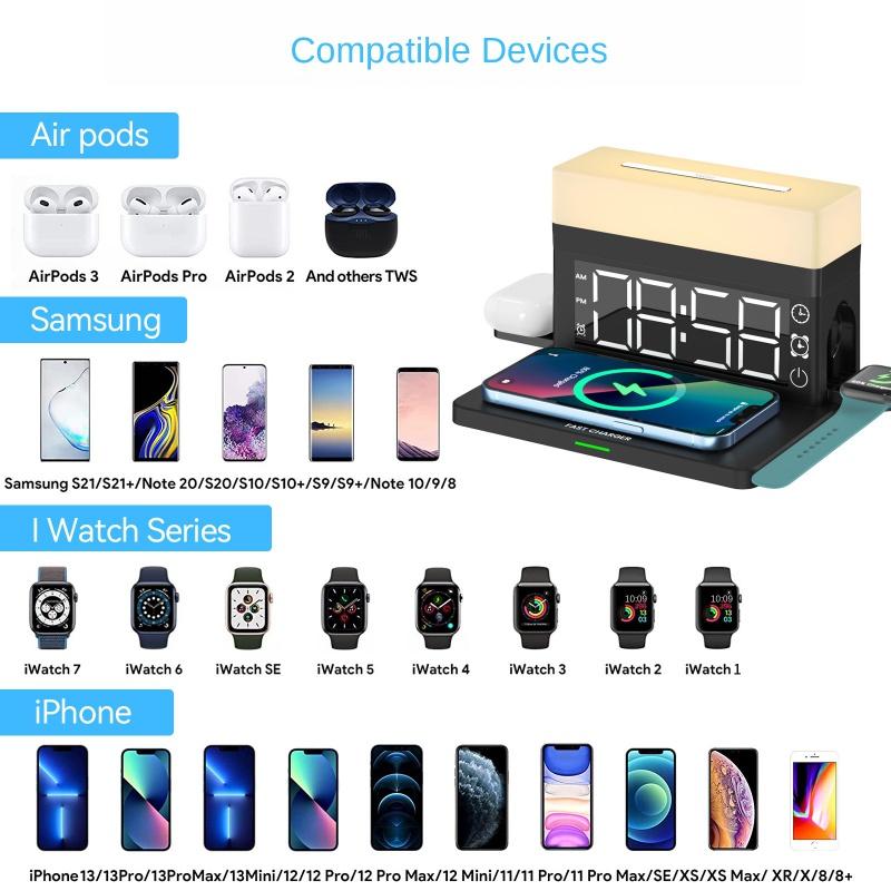 Док-станция для быстрого беспроводного зарядного устройства 6 в 1, 15 Вт для iPhone 14 13 AirPods IWatch Samsung с будильником, красочные светодиодные настольные лампы