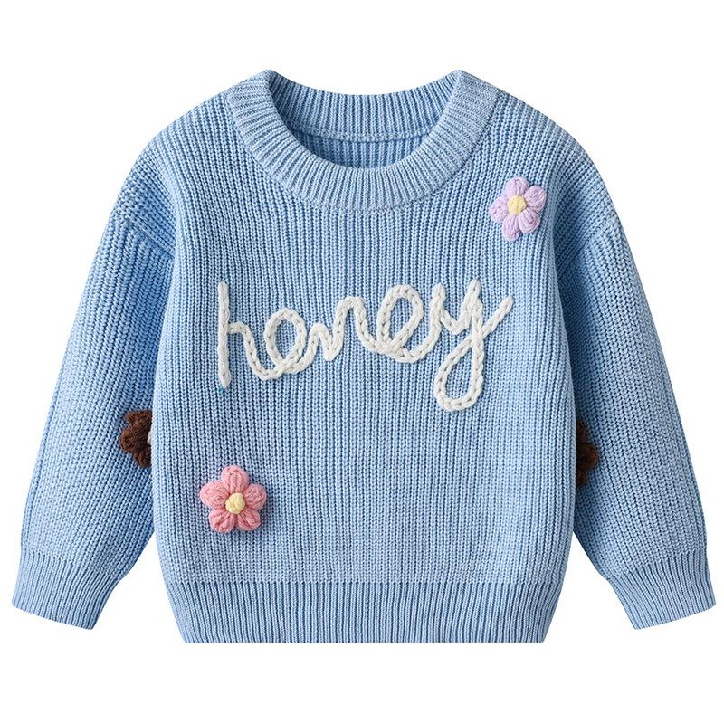 Осень и Зима Вышитый вручную Сладкий Детский Базовый Вязаный Свитер Свитер Детский Свитер