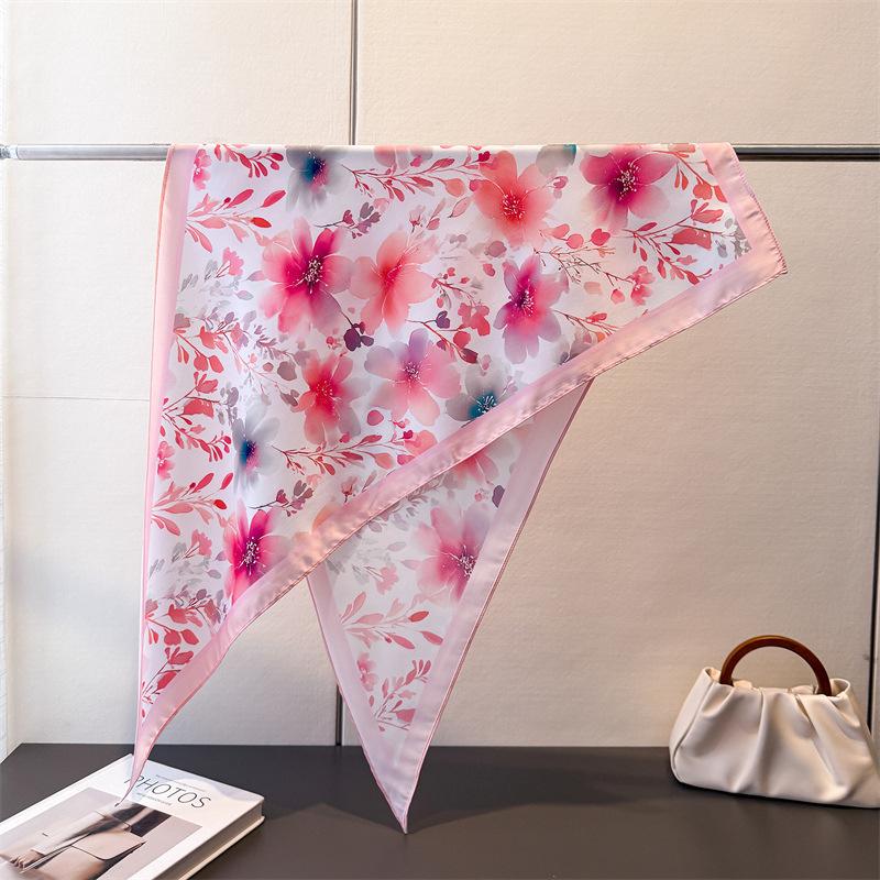 Sweet and fresh triangle scarf imitation silk printing sunscreen shawl tied waist scarf women's silk scarf scarf headscarf scarf