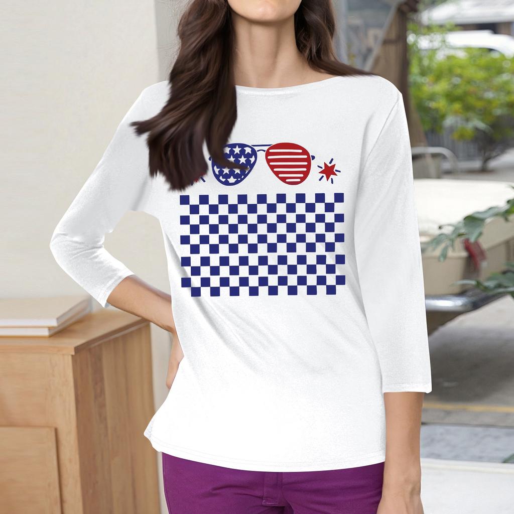 3/4 Sleeve Tops For Women T-Shirt Casual Print Tops T Shirt Round Neck Pullover Blouse